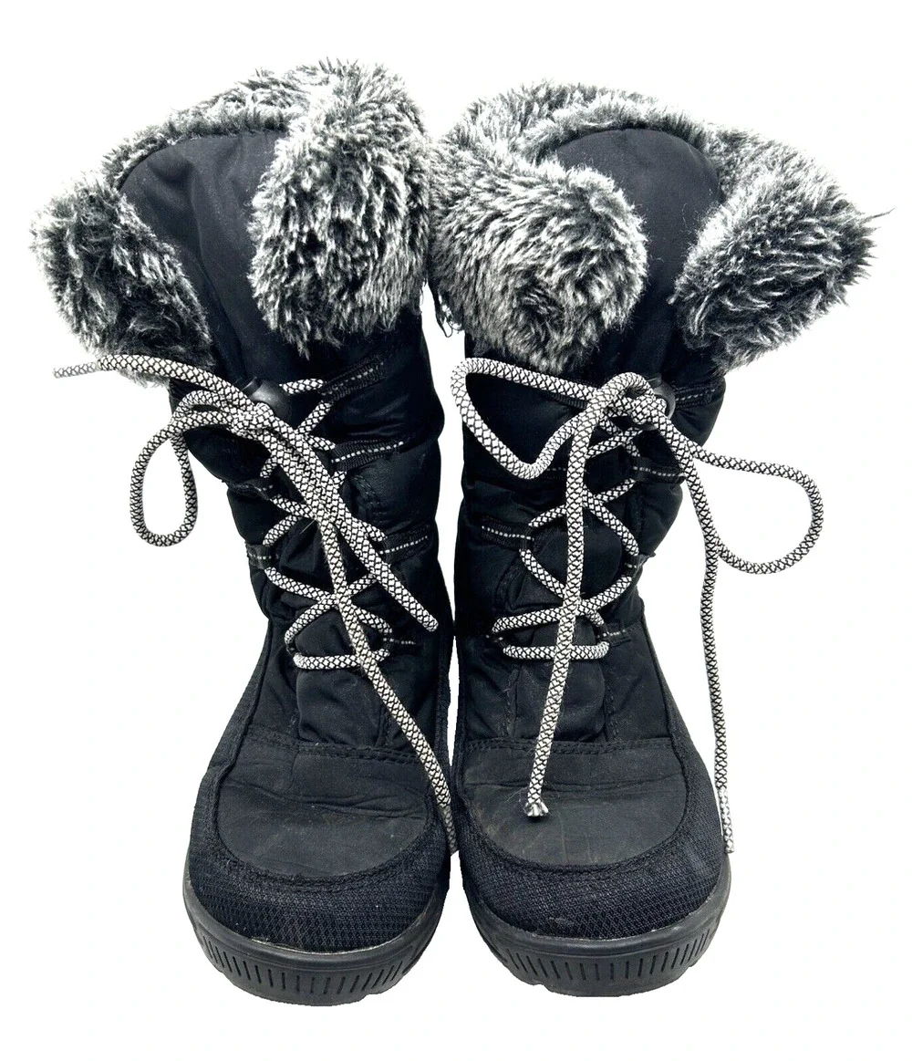 Kamik Girl's Camrose Winter Boots Size 1 Black Waterproof Lace Up Snow Faux Fur